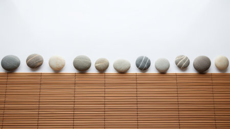 Smooth pebbles on bamboo mat displaying minimalist zen arrangementの素材