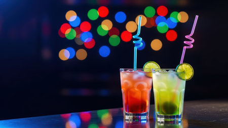 Colorful cocktails with lime and straws against vibrant bokeh backgroundの素材