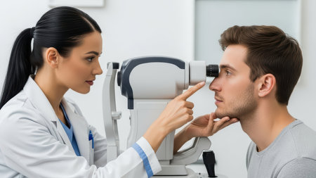Female optometrist examining young caucasian male with eye testing equipmentの素材