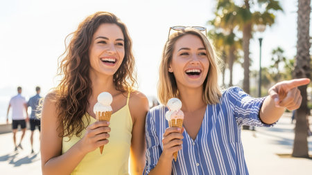 Two young caucasian women enjoying ice cream on a sunny day at the beachの素材