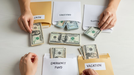 Organizing cash into budget envelopes for rent, groceries, and utilities.の素材