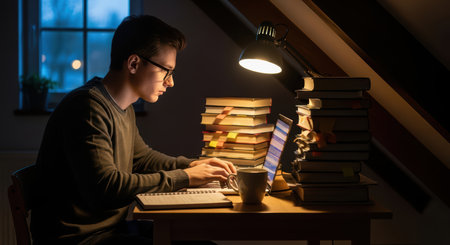 Young caucasian male student studying at night with laptop and books in cozy attic roomの素材