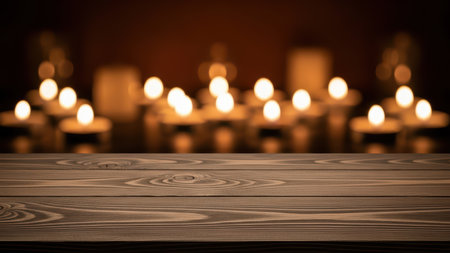 Cozy candlelit ambiance with wooden table in tranquil settingの素材