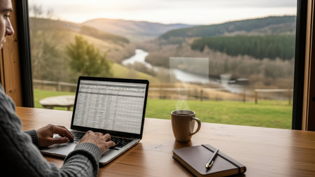Caucasian male adult working on laptop in cozy cabin overlooking scenic landscape.の素材
