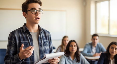 Young caucasian male student presenting in classroom with attentive audienceの素材
