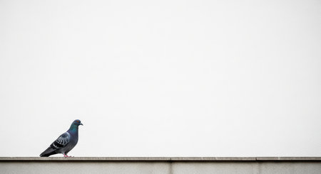Solitary pigeon perched on minimalist urban ledge against white backgroundの素材