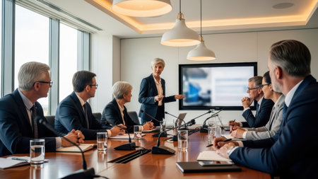 Female leader presenting to business executives in modern conference room.の素材