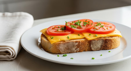 Delicious open-faced cheese and tomato sandwich with fresh chives on rustic breadの素材