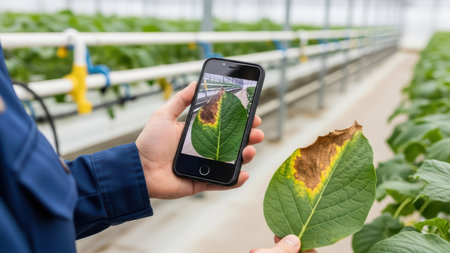Person analyzing diseased leaf in greenhouse with smartphone technologyの素材