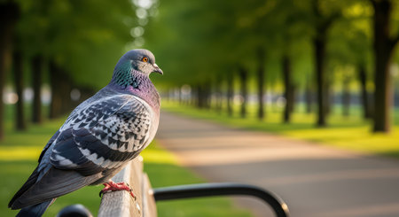 Pigeon perched on park bench in sunlit tree-lined avenueの素材