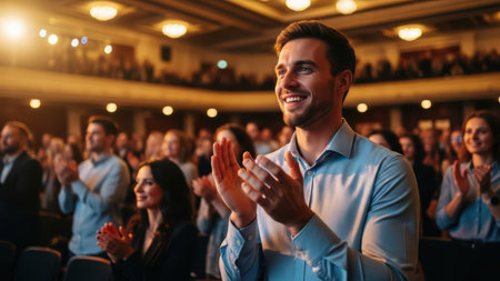 Young caucasian male applauding in theater: audience enjoying live performance.の素材