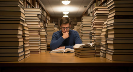 Young caucasian male studying surrounded by books in a library settingの素材