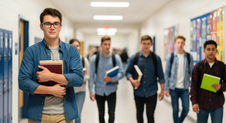 Caucasian male teen holding books in school hallway with diverse group in backgroundの素材
