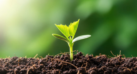 Young green plant seedling emerging from fresh soil in natural sunlightの素材
