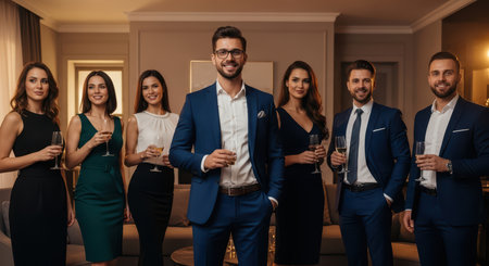 Group of young caucasian adults in formal attire at social gatheringの素材