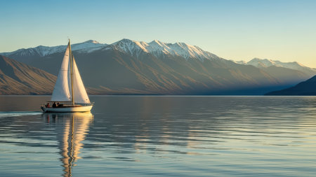 Sailboat on serene alpine lake with snowy mountain reflection at sunsetの素材
