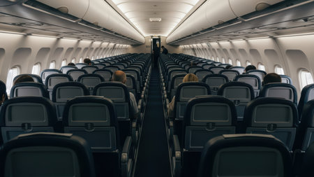 Interior of commercial airliner with passengers seated in economy class cabin.の素材