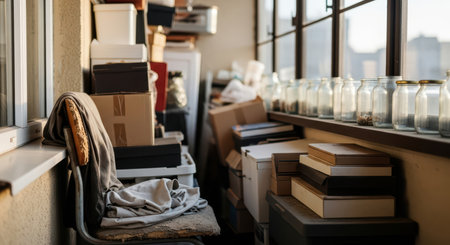 Cluttered balcony storage with cardboard boxes and glass jarsの素材