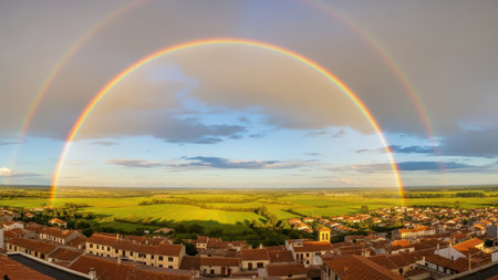 Beautiful double rainbow over scenic village and countryside landscapeの素材