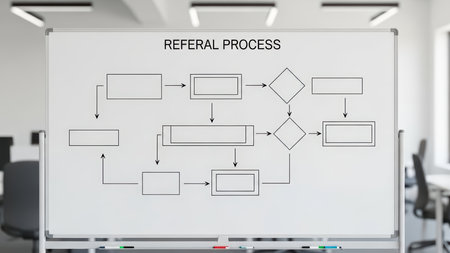 Office environment with referral process flowchart on whiteboard.の素材