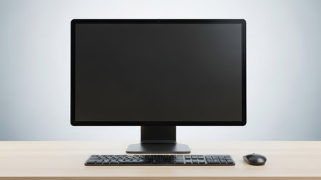 Modern desktop setup with monitor, keyboard, and mouse on wooden desk.の素材
