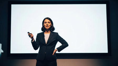 Young caucasian female presenting a business presentation in front of a blank screen.の素材