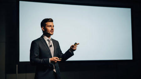 Caucasian young male professional giving a presentation in front of a large screen.の素材