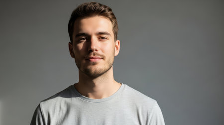 Young caucasian male in gray shirt posing against neutral background.の素材