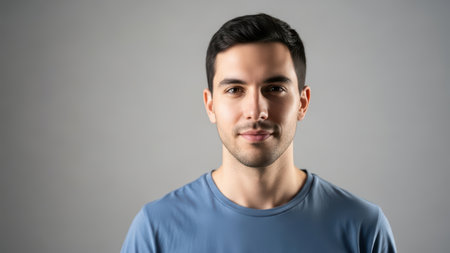 Young caucasian male in blue shirt against gray background.の素材