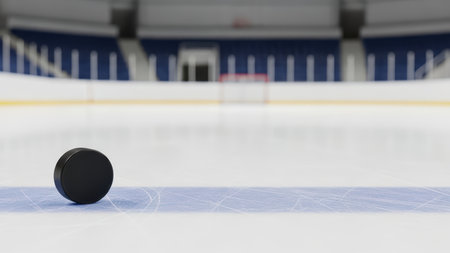 Ice hockey puck on empty indoor rink with blue line and red goal.の素材