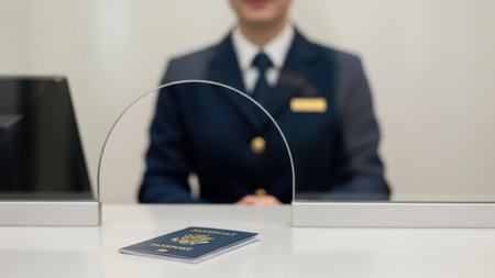 Female employee at airport check-in desk behind glass panel with passport on counter.の素材