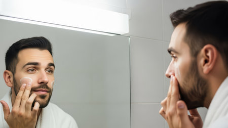 Young caucasian male applying skincare cream in bathroom mirror reflection.の素材