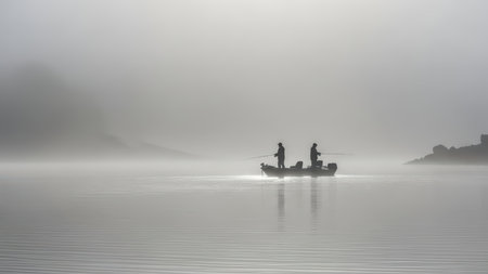 Silhouetted anglers on misty lake at sunrise capturing tranquility and nature's beauty.の素材