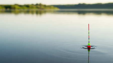 Colorful fishing bobber floating on calm lake surface at sunrise.の素材