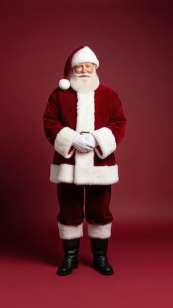 Caucasian elderly male santa claus in red suit with white trim on red background.の素材