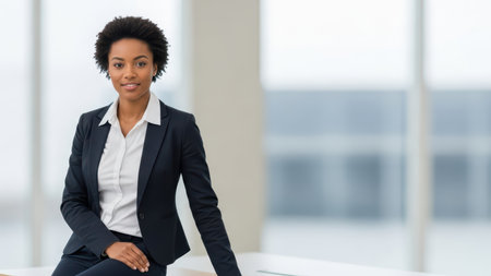 Confident african female adult professional in office attire smiling.の素材