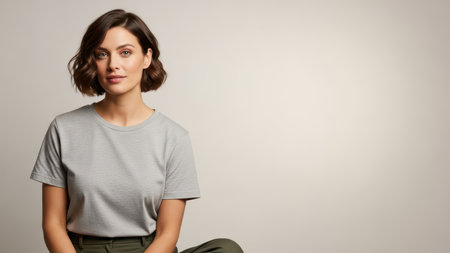 Young caucasian female in casual gray shirt with short brown hair sitting on chair.の素材