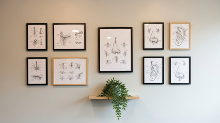 Framed medical illustrations of human anatomy on wall above shelf with plant.の素材