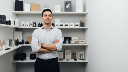 Confident young caucasian male in modern office setting with product display.の素材