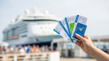 Hand holding cruise ship boarding passes near docked luxury liner under clear sky.の素材