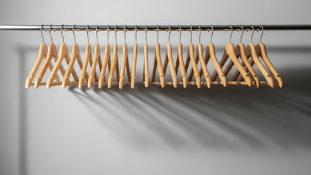 Wooden clothes hangers neatly arranged on a silver rail against a gray wall.の素材