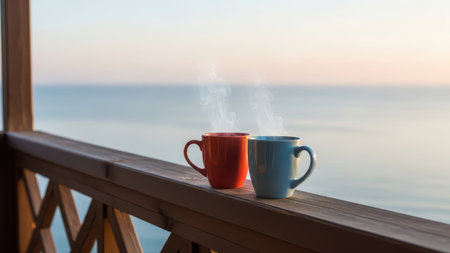 Two steaming mugs on balcony overlooking tranquil ocean at sunrise.の素材