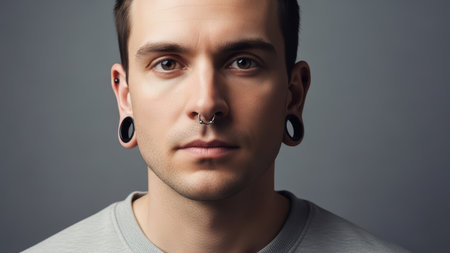 Young caucasian male with piercings and gauges on grey background.の素材