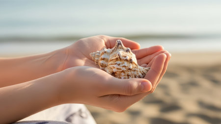 Close-up of hands holding seashell on beach.の素材