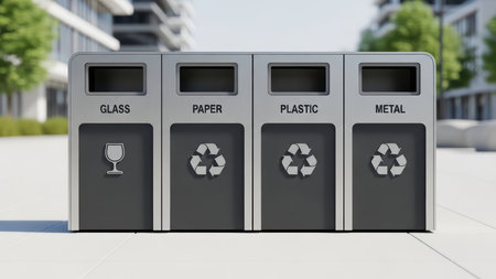 Outdoor recycling bins for glass, paper, plastic, and metal in urban environment.の素材