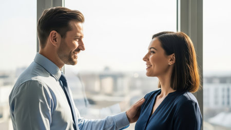 Professional interaction between caucasian male and female adults near office window.の素材
