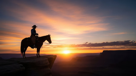 Silhouette of male cowboy on horse overlooking sunset canyon scenery.の素材