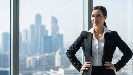 Confident caucasian female executive overlooking city skyline from office window.の素材