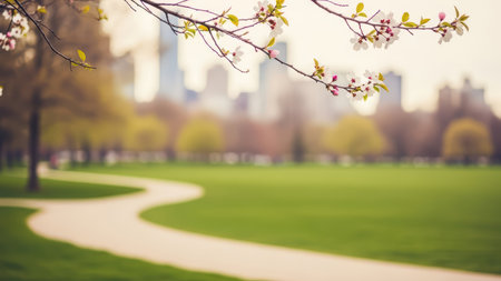 Cherry blossoms in bloom with cityscape background and serene green park.の素材