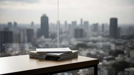 Financial reports on desk overlooking urban cityscape through large window.の素材